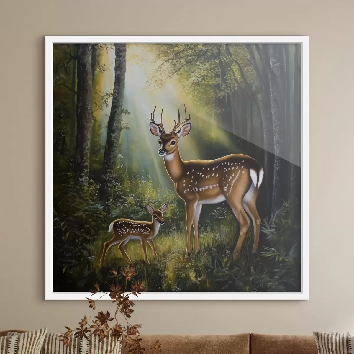 Poster Hirsch und Rehkitz im Wald f43915
