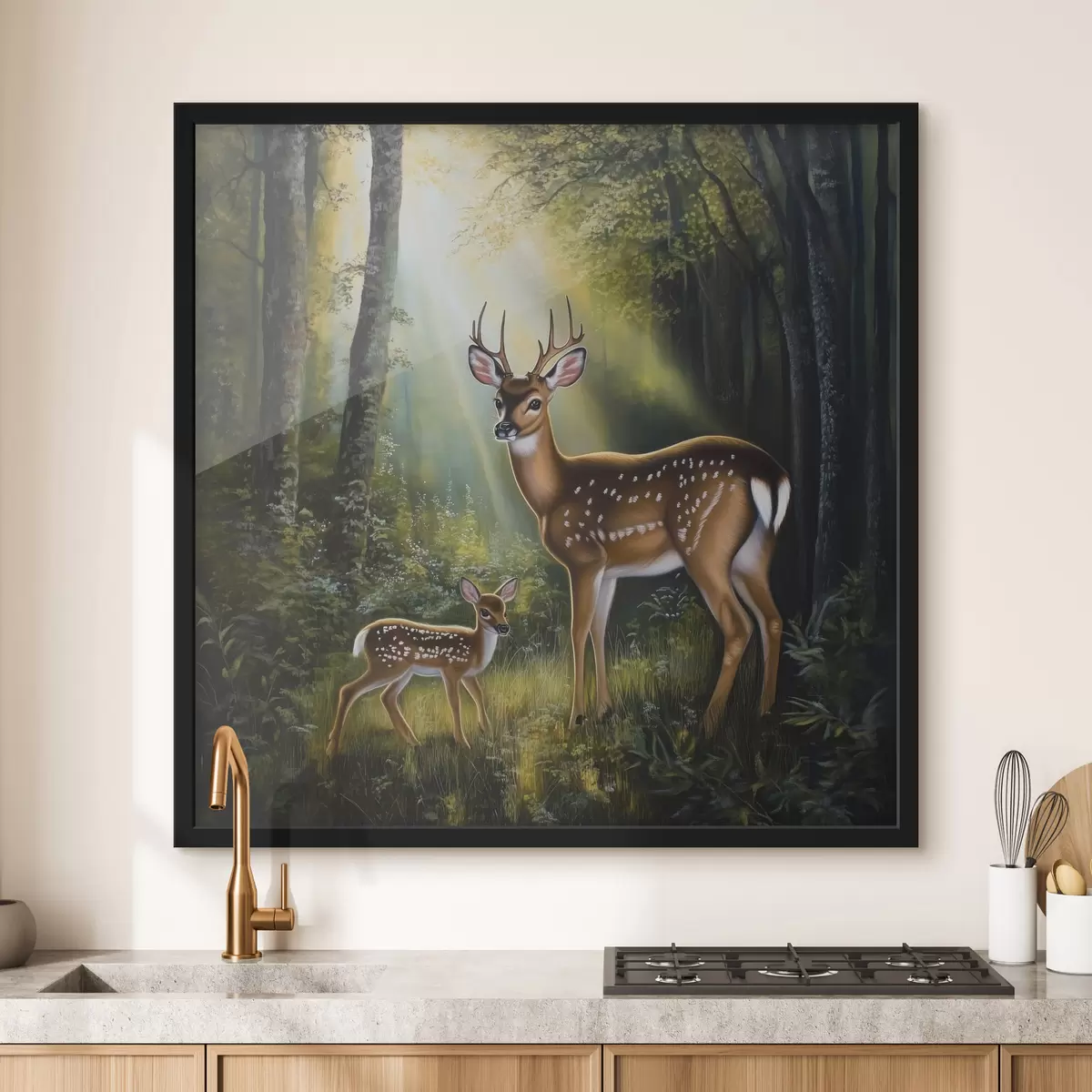 Poster Hirsch und Rehkitz im Wald f43915