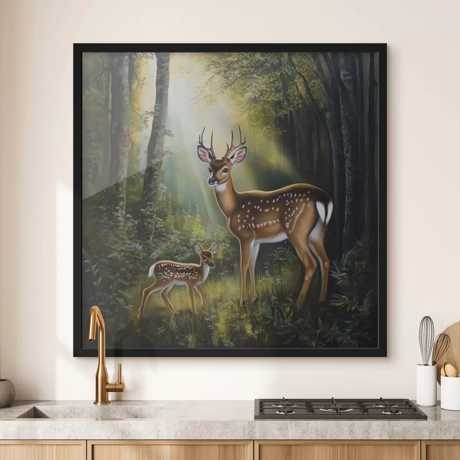 Fototapete Hirsch und Rehkitz im Wald f43915