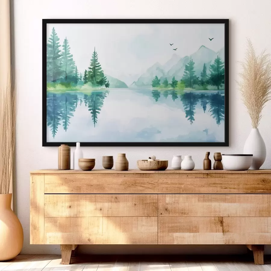 Fototapete See in der Nähe des Berges in Aquarell-Stil f43922