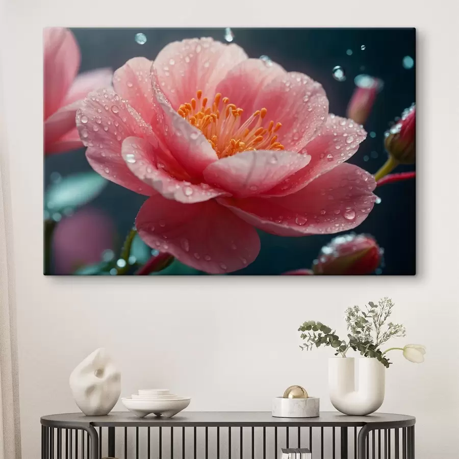 Wandbilder Hyperrealistische Blume mit Tautropfen s43873