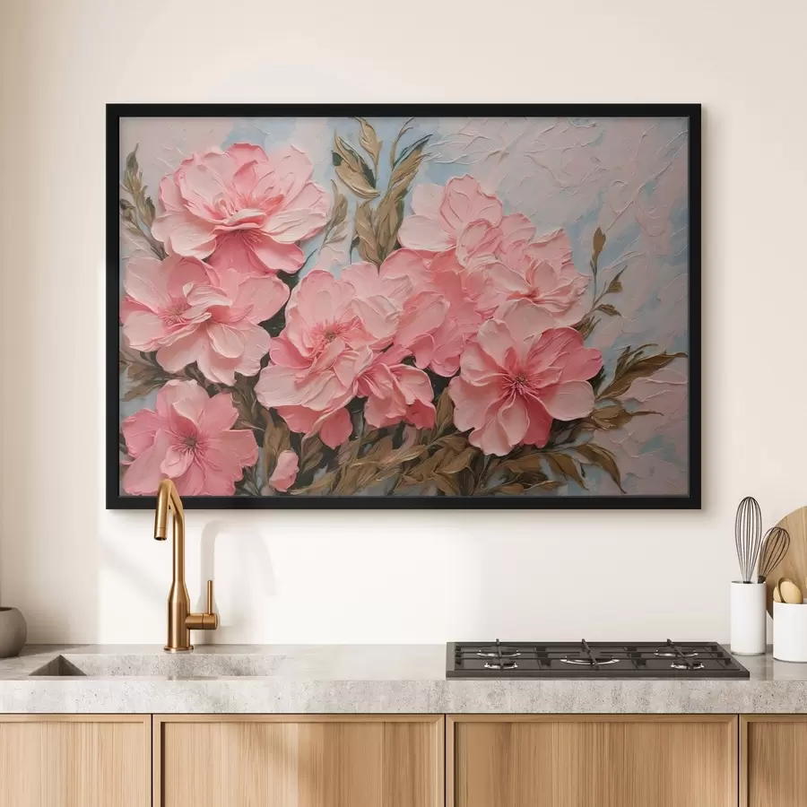 Fototapete Rosa Blumen und Blätter im Stil der Ölmalerei f43453