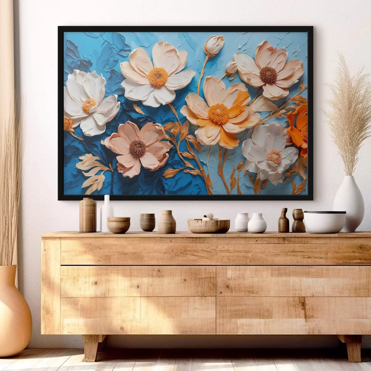 Poster Weiße Blumen auf blauem Hintergrund f43446