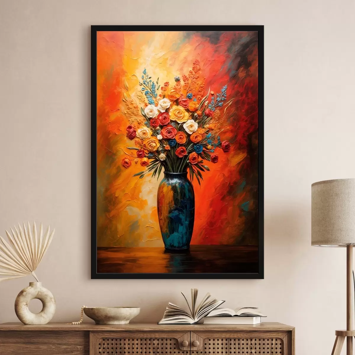Poster Verschiedene Blumen in Vase auf rot-gelbem Hintergrund f43867