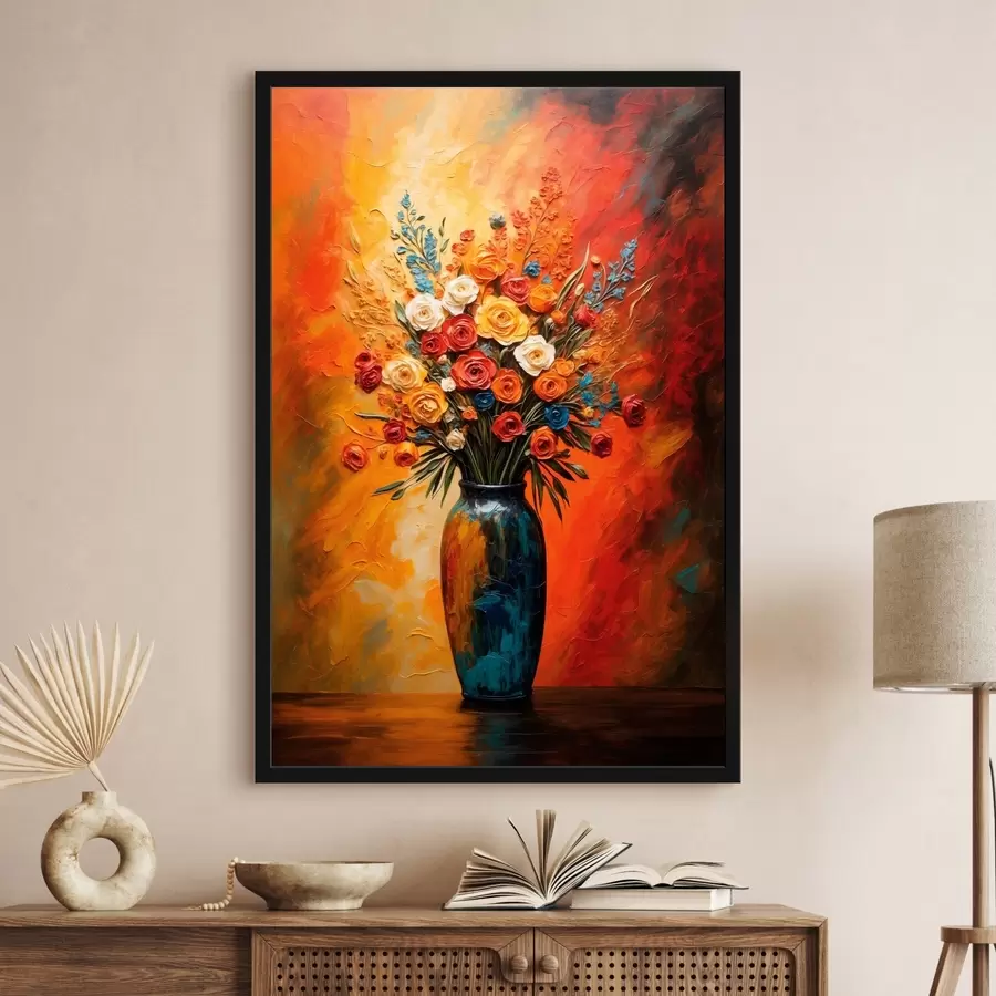 Fototapete Verschiedene Blumen in Vase auf rot-gelbem Hintergrund f43867
