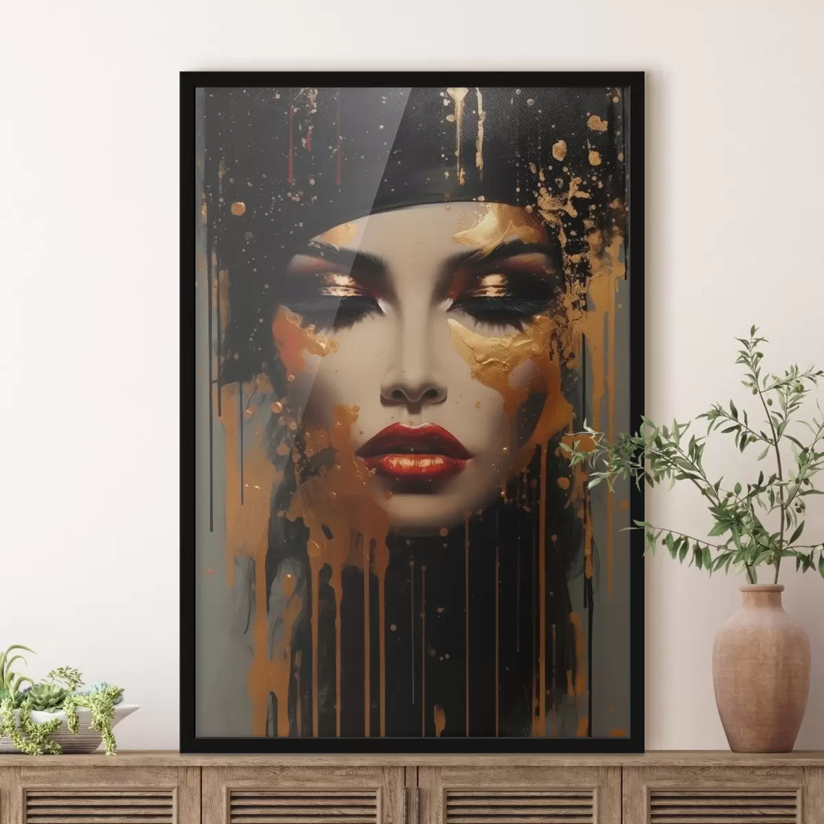 Poster Gesicht eines Mädchens mit gelber Farbe f43468