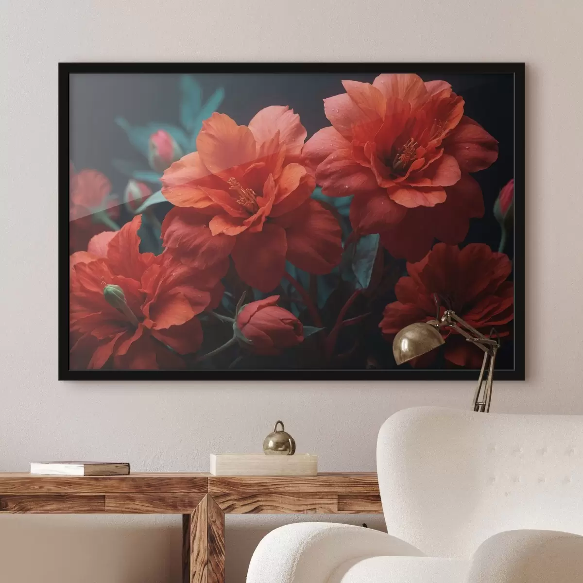 Poster Rote Blumen auf dunklem Hintergrund f43877