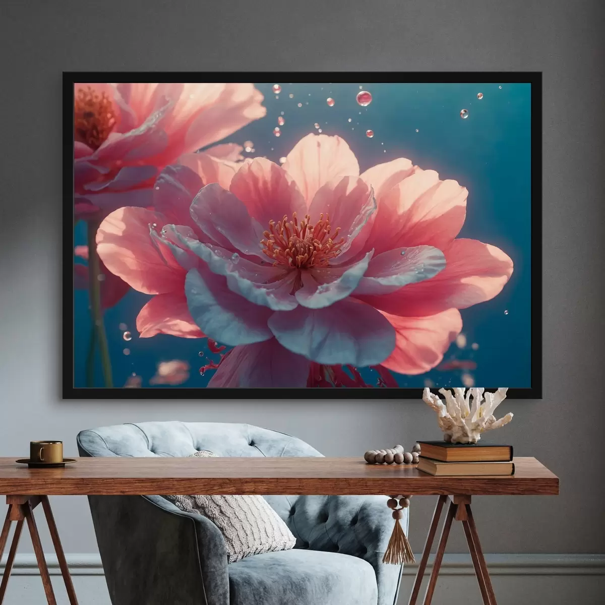 Poster Rosa Blume unter Wasser f43874