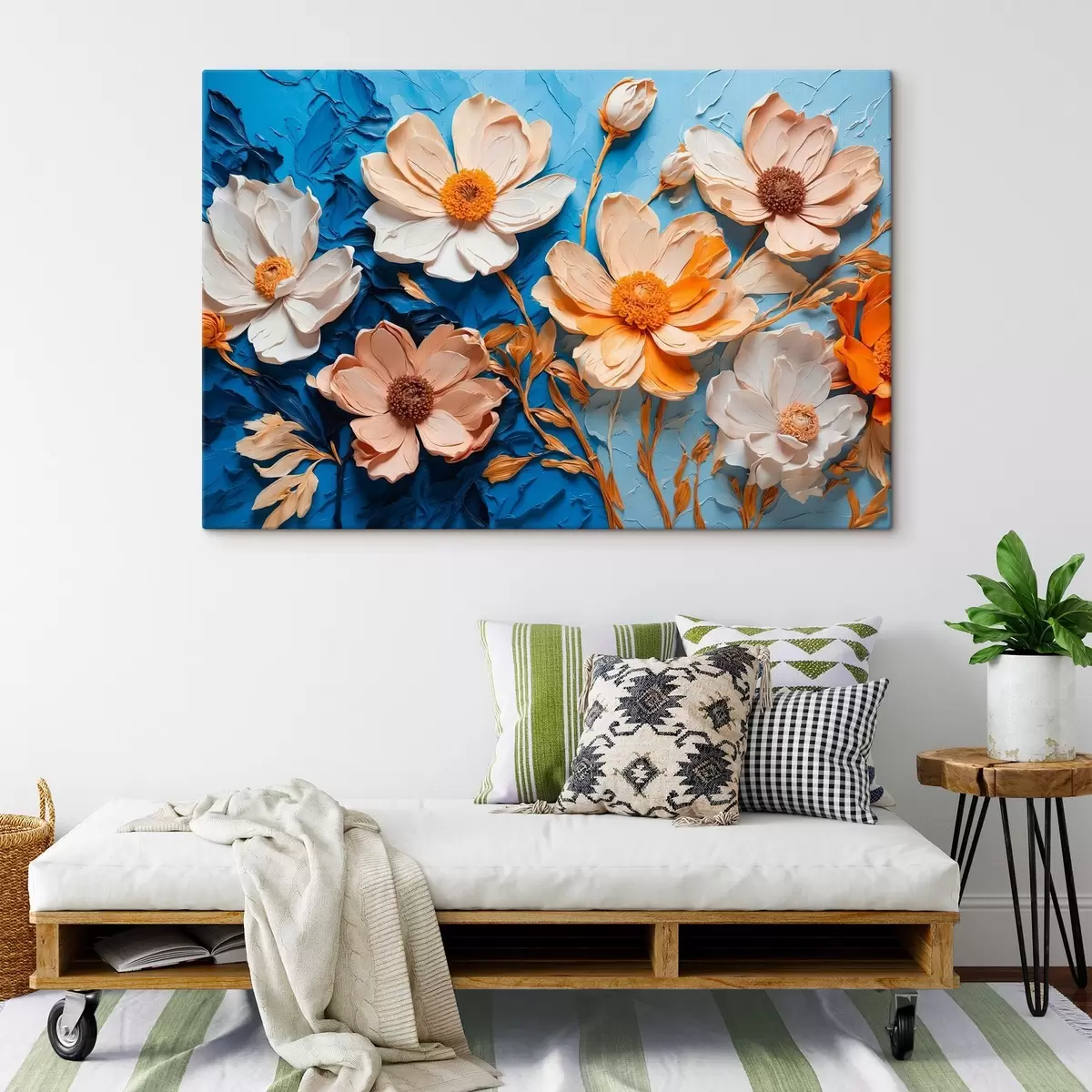 Wandbilder Weiße Blumen auf blauem Hintergrund s43446