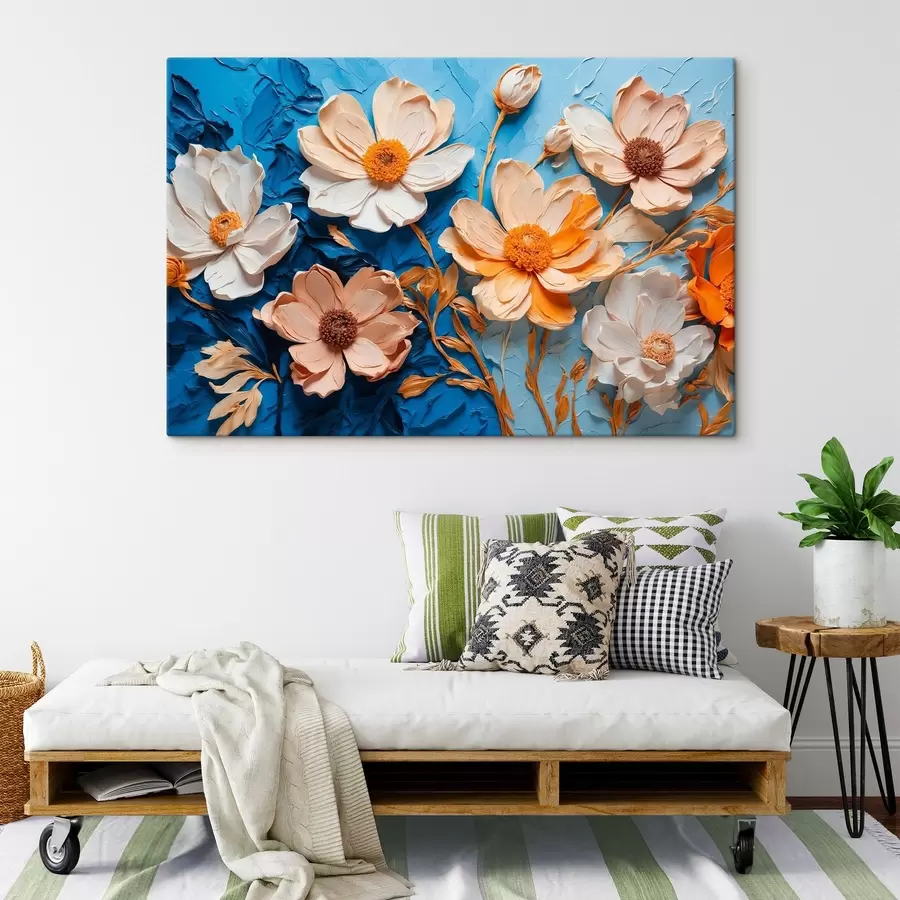 Wandbilder Weiße Blumen auf blauem Hintergrund s43446