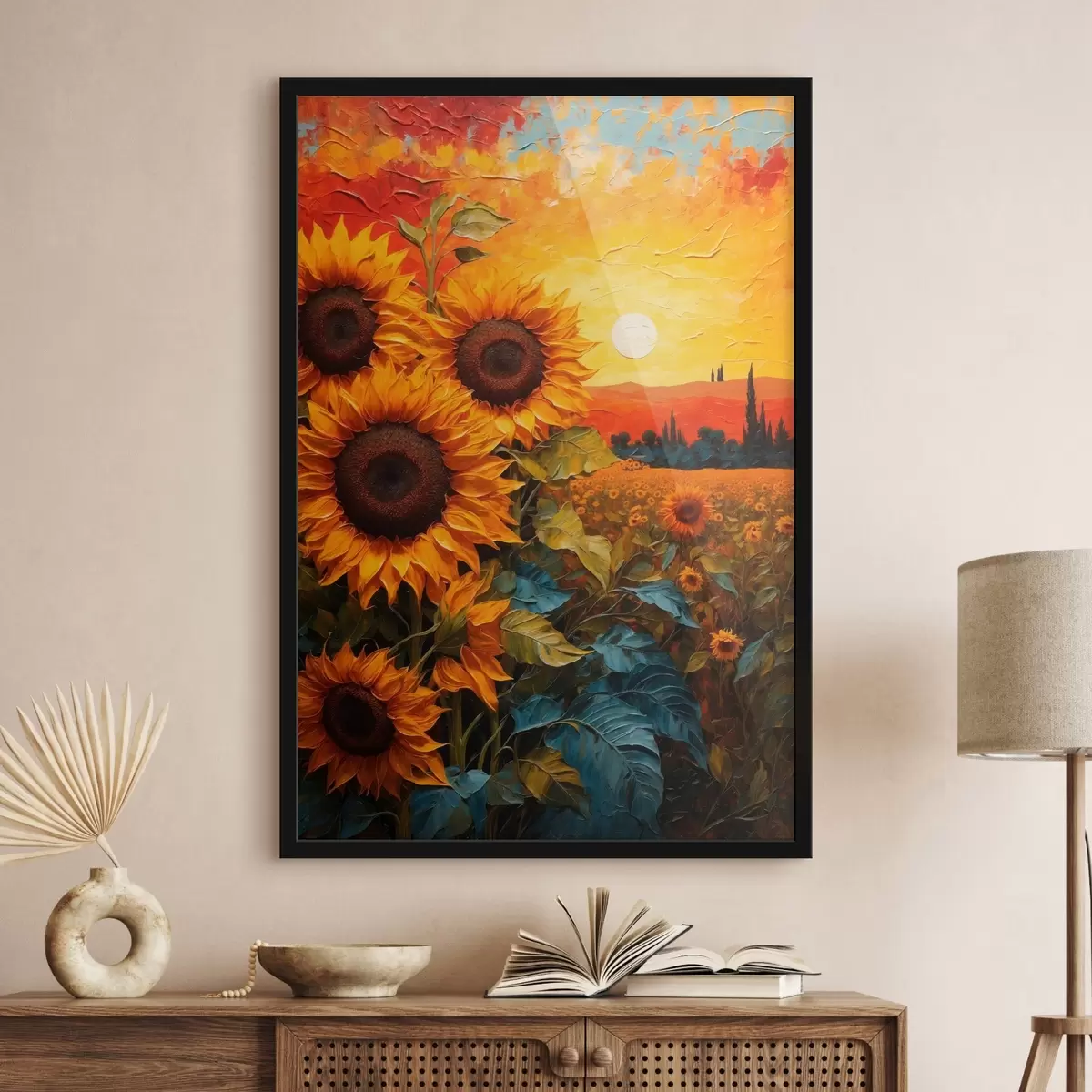 Poster Sonnenblumenfeld bei Sonnenuntergang f43460