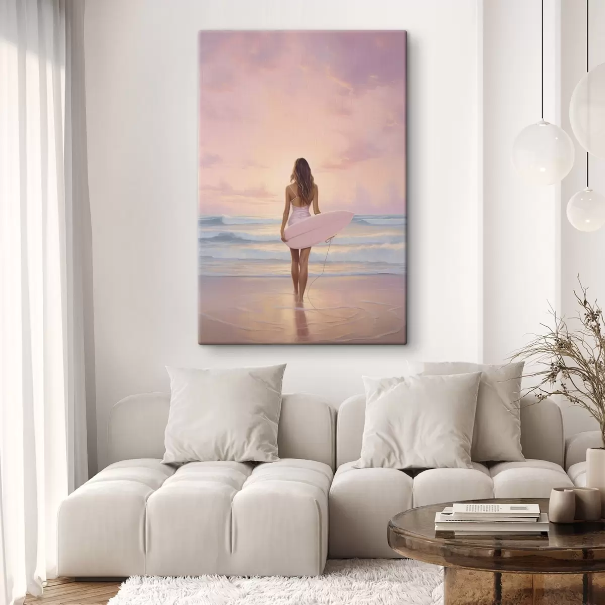 Wandbilder Mädchen mit Surfbrett auf dem Ozean Strand, Sonnenuntergang, Acryl-Stil Zeichnung s43881
