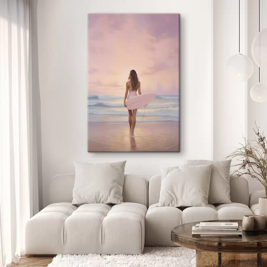 Wandbilder Mädchen mit Surfbrett auf dem Ozean Strand, Sonnenuntergang, Acryl-Stil Zeichnung s43881