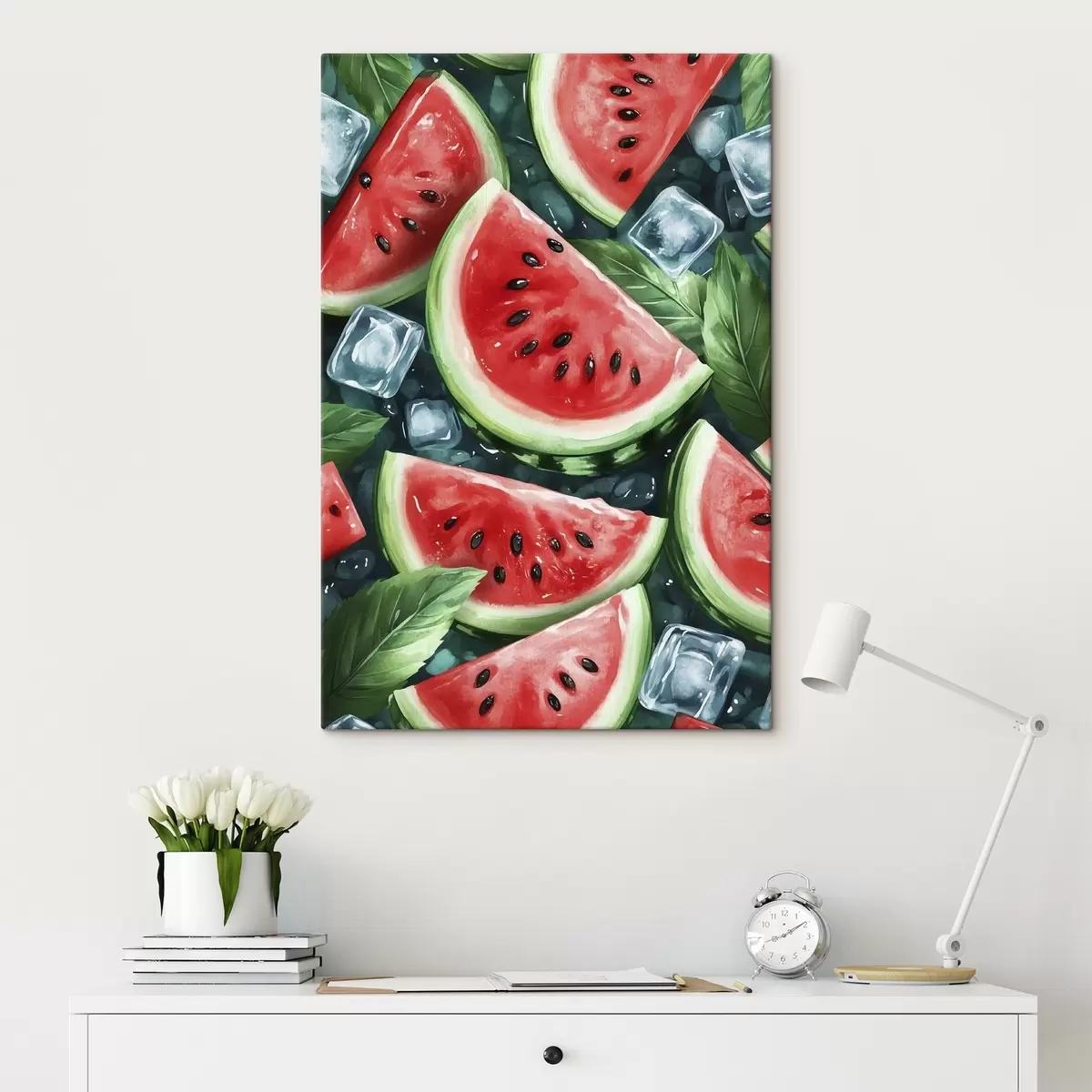 Wandbilder Wassermelonenscheiben mit Eiswürfeln und Minze, Aquarellstil s43880