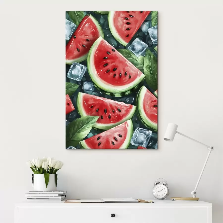 Wandbilder Wassermelonenscheiben mit Eiswürfeln und Minze, Aquarellstil s43880