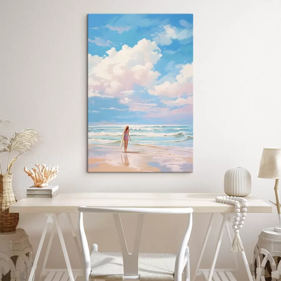 Wandbilder Mädchen surfen im Meer, Sommer, Wellen, Acryl-Stil s43882