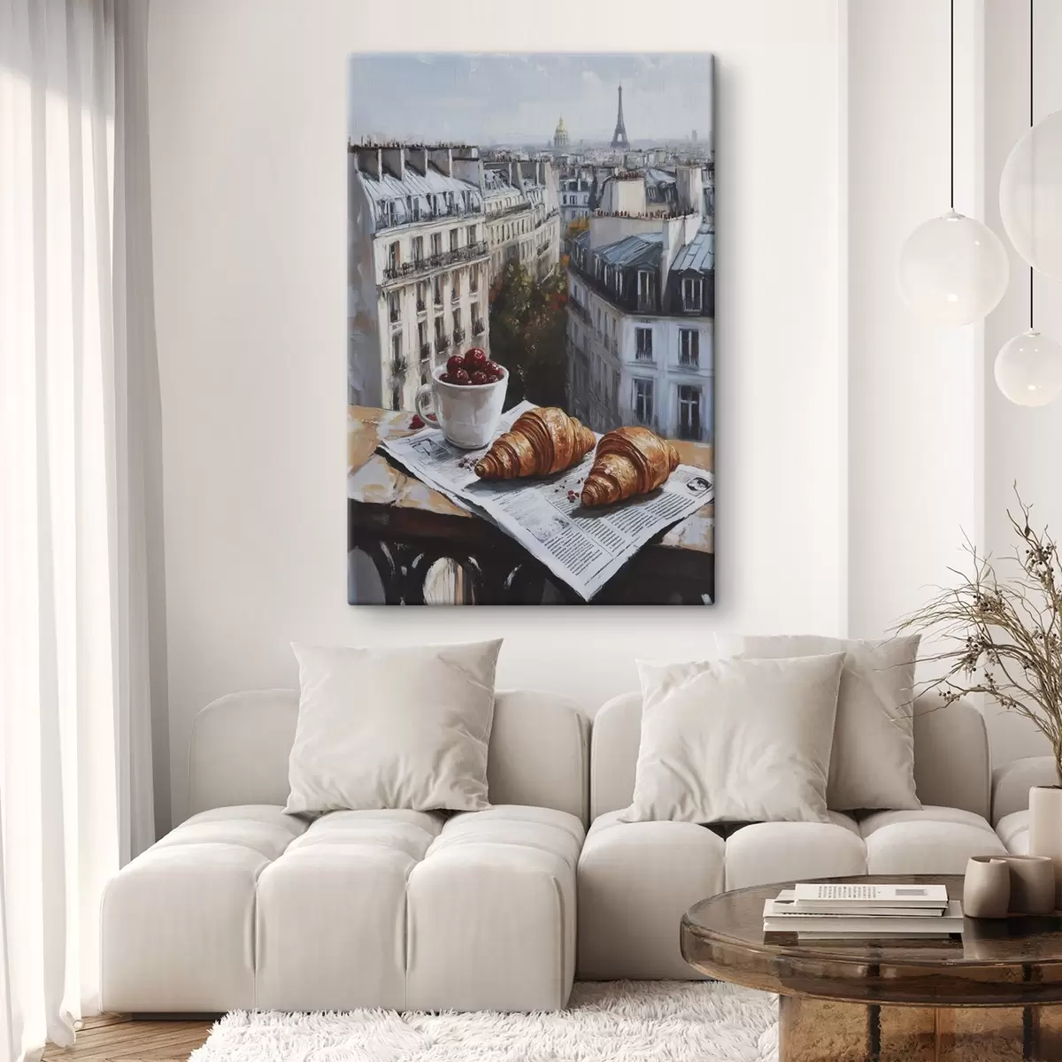 Wandbilder Pariser Morgen, Kaffee mit Croissants, Stadtansicht, Zeichnung in Öl s43892