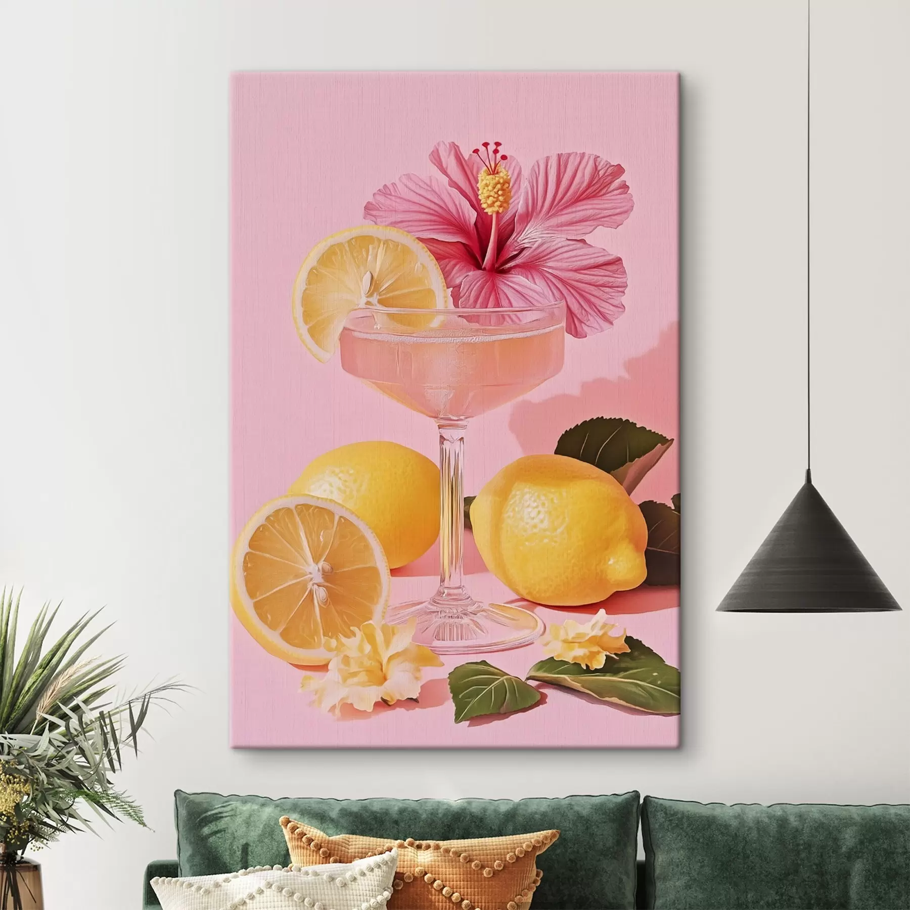 Wandbilder Rosa Cocktail mit Hibiskusblüte, Zitronen, Realismus s43893