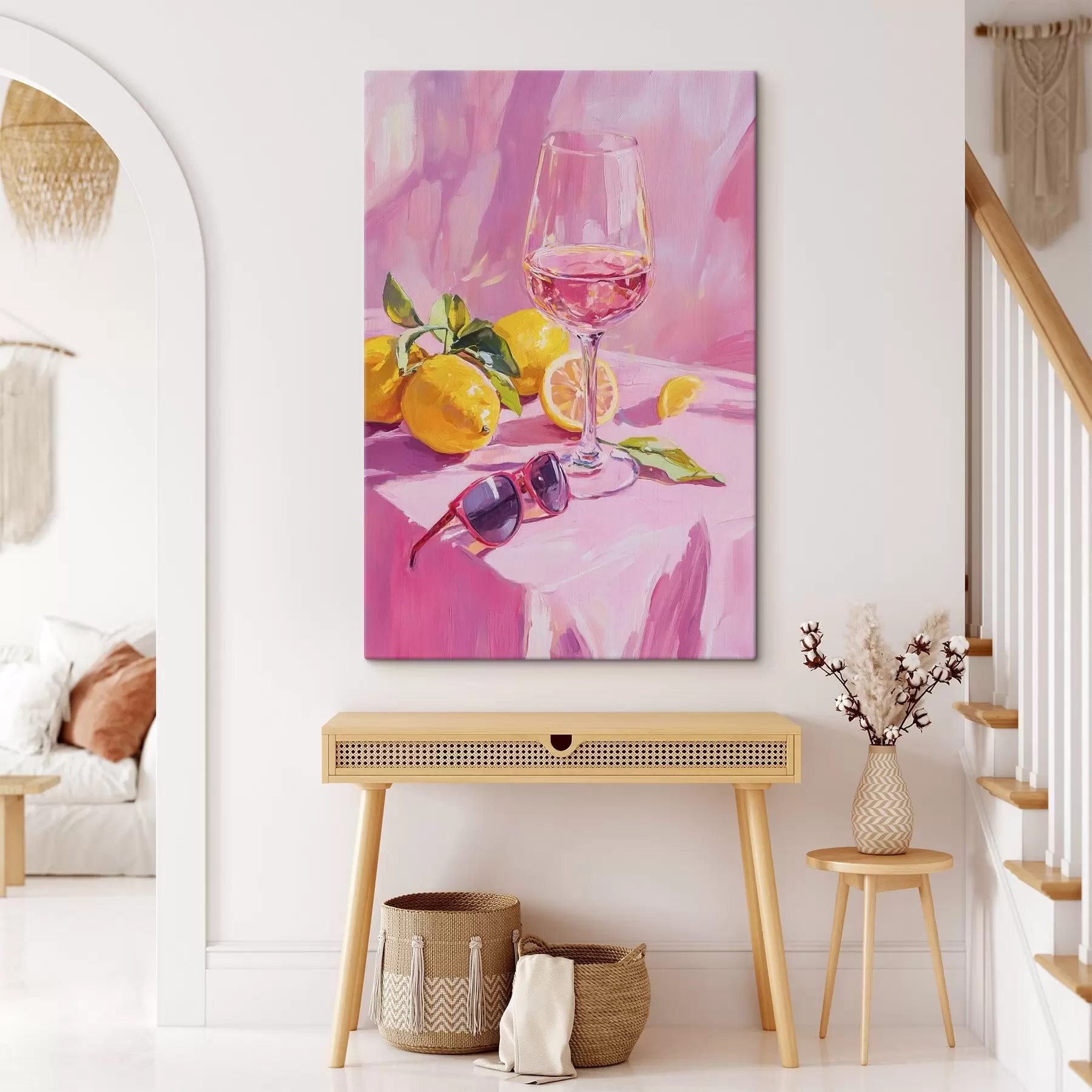 Wandbilder Glas Wein mit Zitronen, Sonnenbrille, Abstraktion, Öl-Stil Zeichnung, rosa Farben s43883