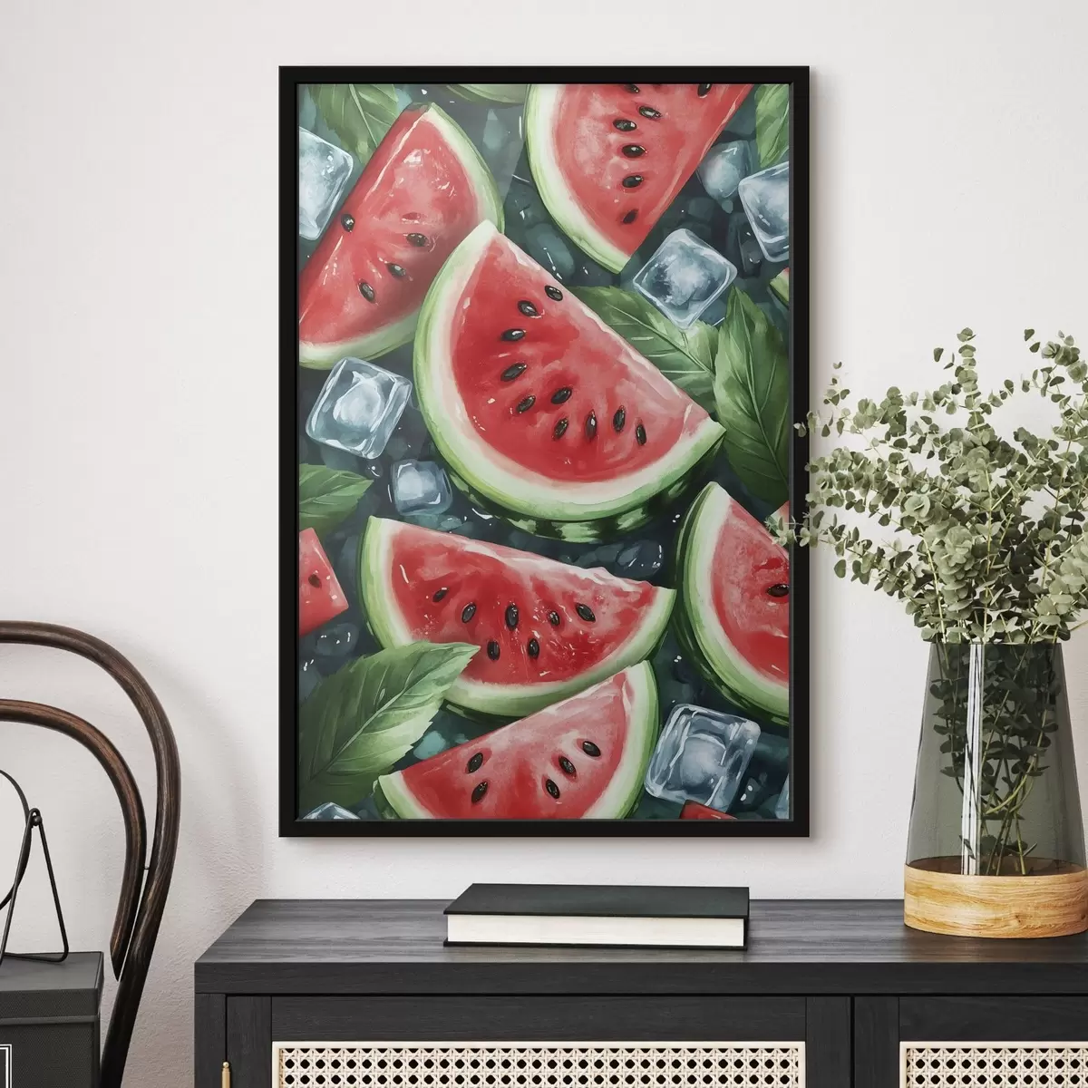 Poster Wassermelonenscheiben mit Eiswürfeln und Minze, Aquarellstil f43880