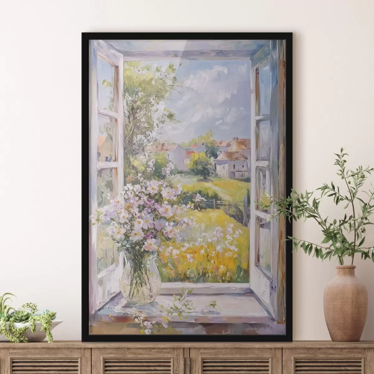 Poster Sommer auf dem Dorf, rustikal, Ölzeichnung, Blumen in Vase f43889