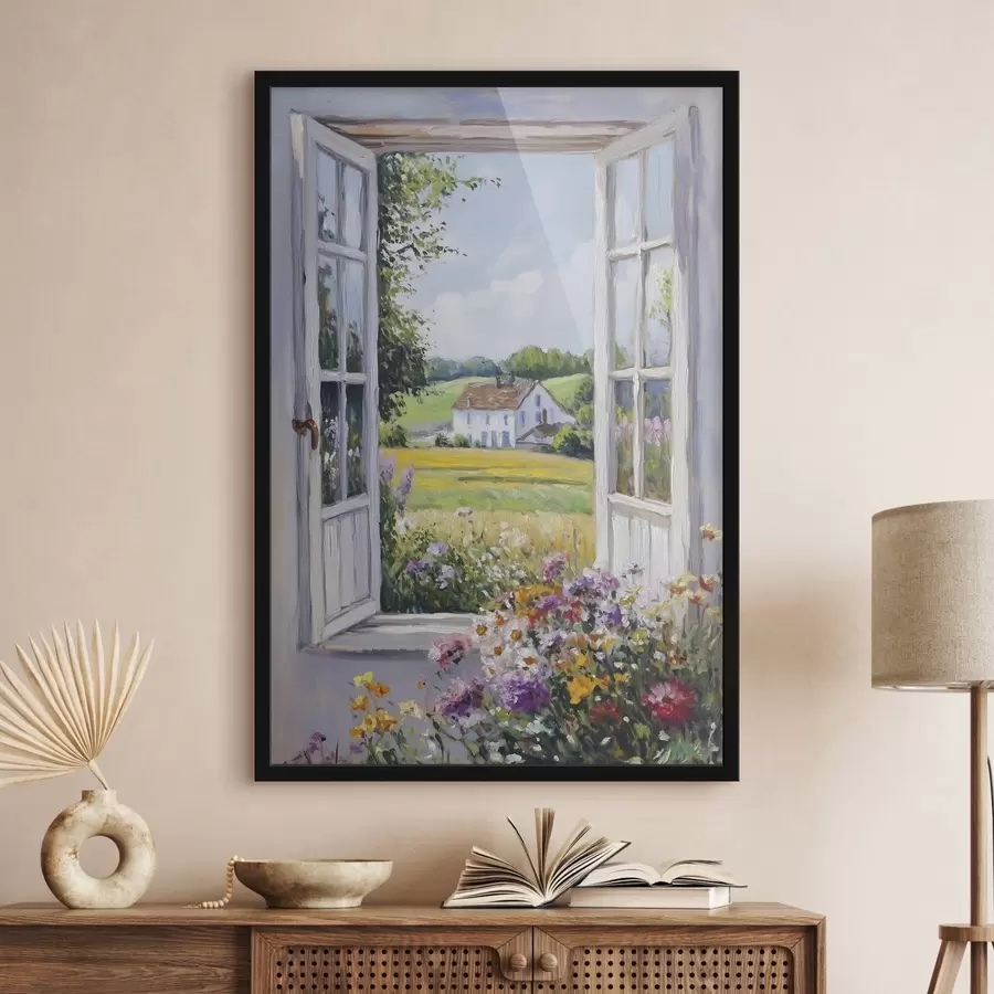 Fototapete Dorflandschaften im Holzfenster, Blumen, Felder, Öl-Stil, Bauernhaus f43888