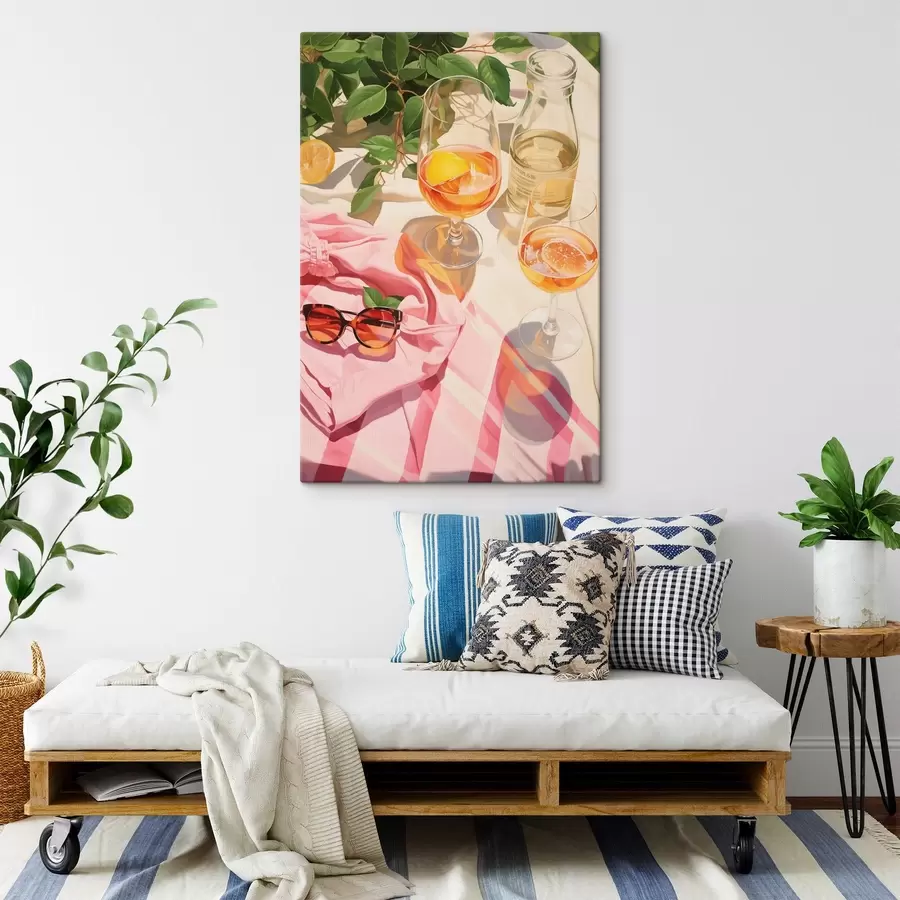 Wandbilder Sommerzeit, Gläser mit Sekt, grüne Pflanzen, warme Farben s43885