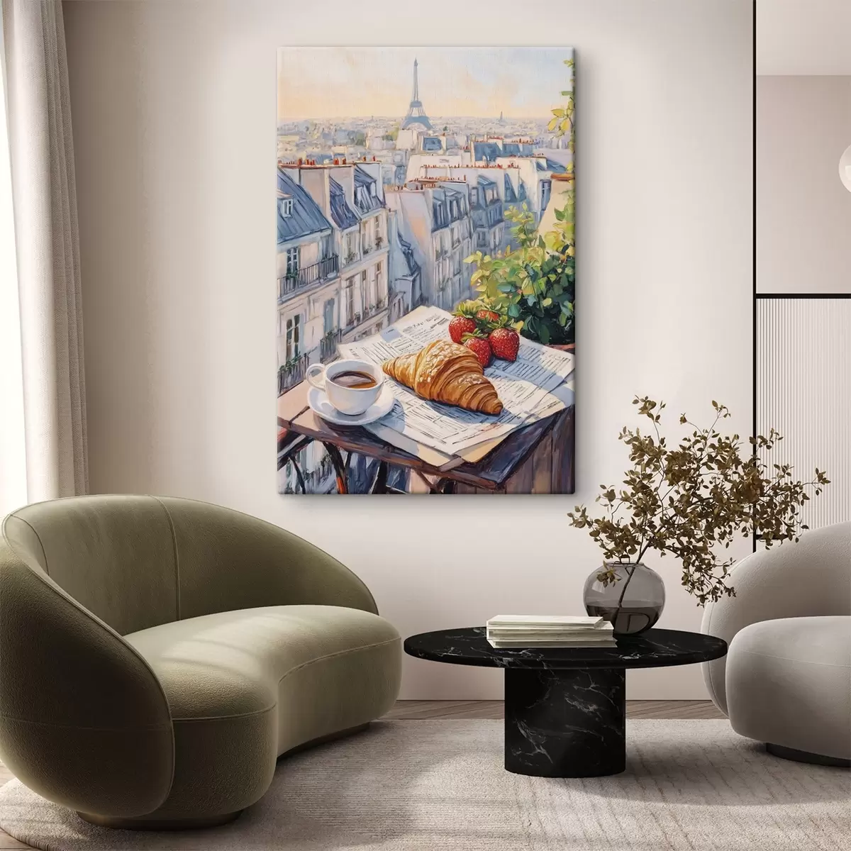 Wandbilder Sonnenaufgang auf dem Balkon in Paris, Eiffelturm, Erdbeeren, Kaffee, Tagebuch s43890