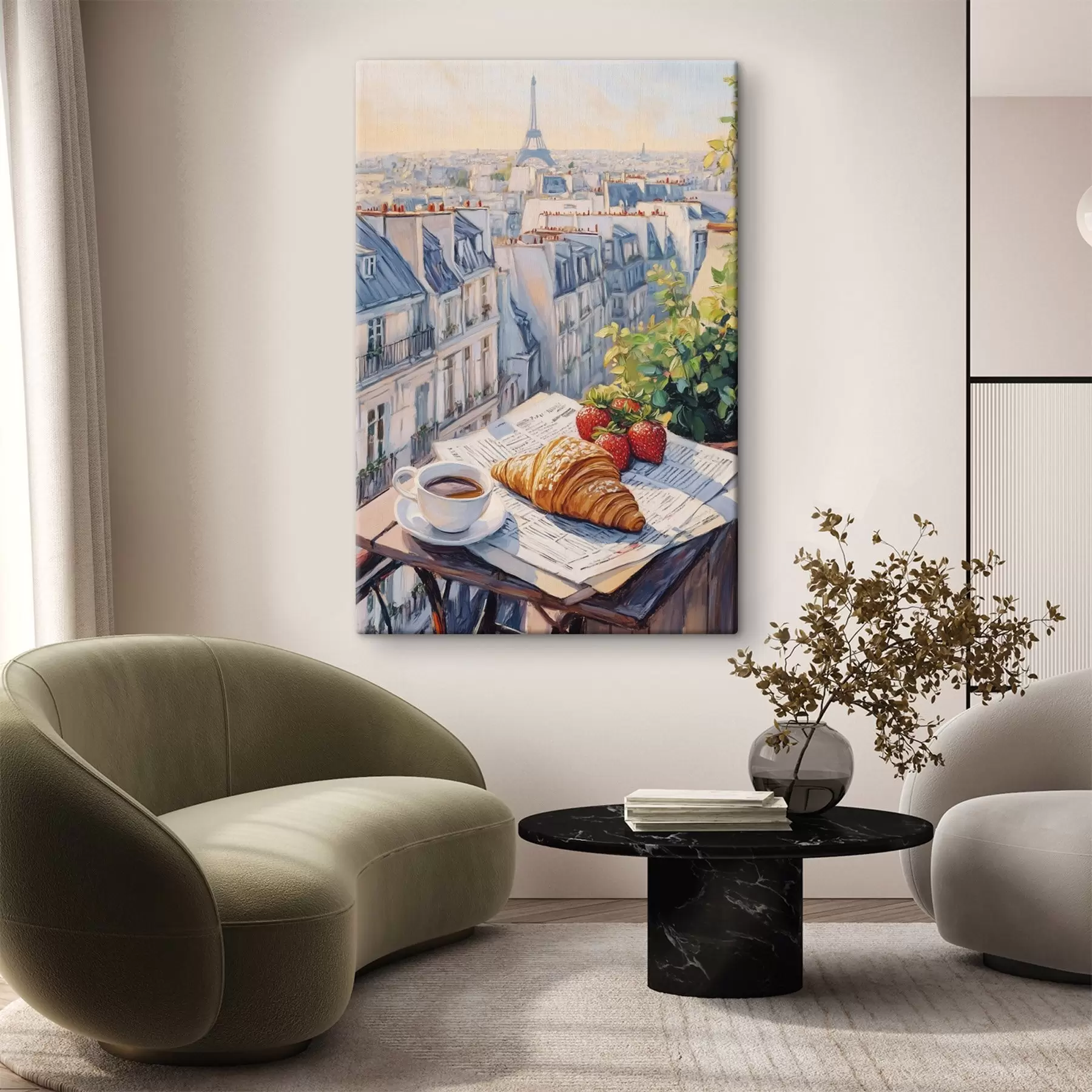 Fototapete Sonnenaufgang auf dem Balkon in Paris, Eiffelturm, Erdbeeren, Kaffee, Tagebuch s43890