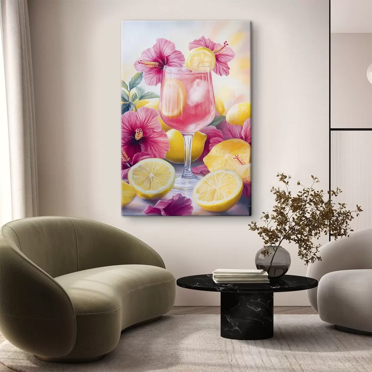 Wandbilder Bunter Cocktail mit Hibiskusblüten und Zitronen, Sommer, Aquarellstil s43894