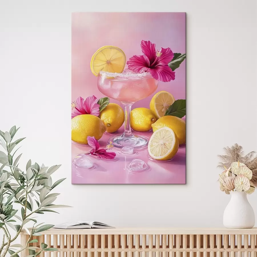 Wandbilder Sommercocktail mit Blumen und Zitronen, rosa Farben, Aquarellstil s43895