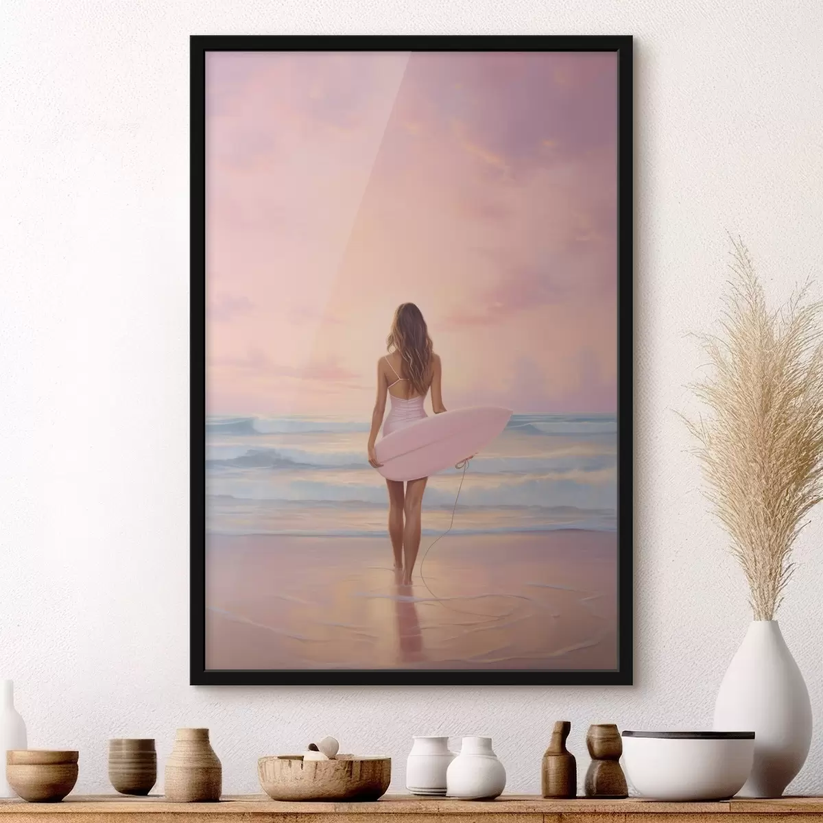 Poster Mädchen mit Surfbrett auf dem Ozean Strand, Sonnenuntergang, Acryl-Stil Zeichnung f43881