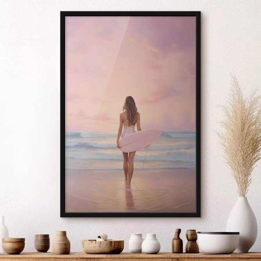 Fototapete Mädchen mit Surfbrett auf dem Ozean Strand, Sonnenuntergang, Acryl-Stil Zeichnung f43881