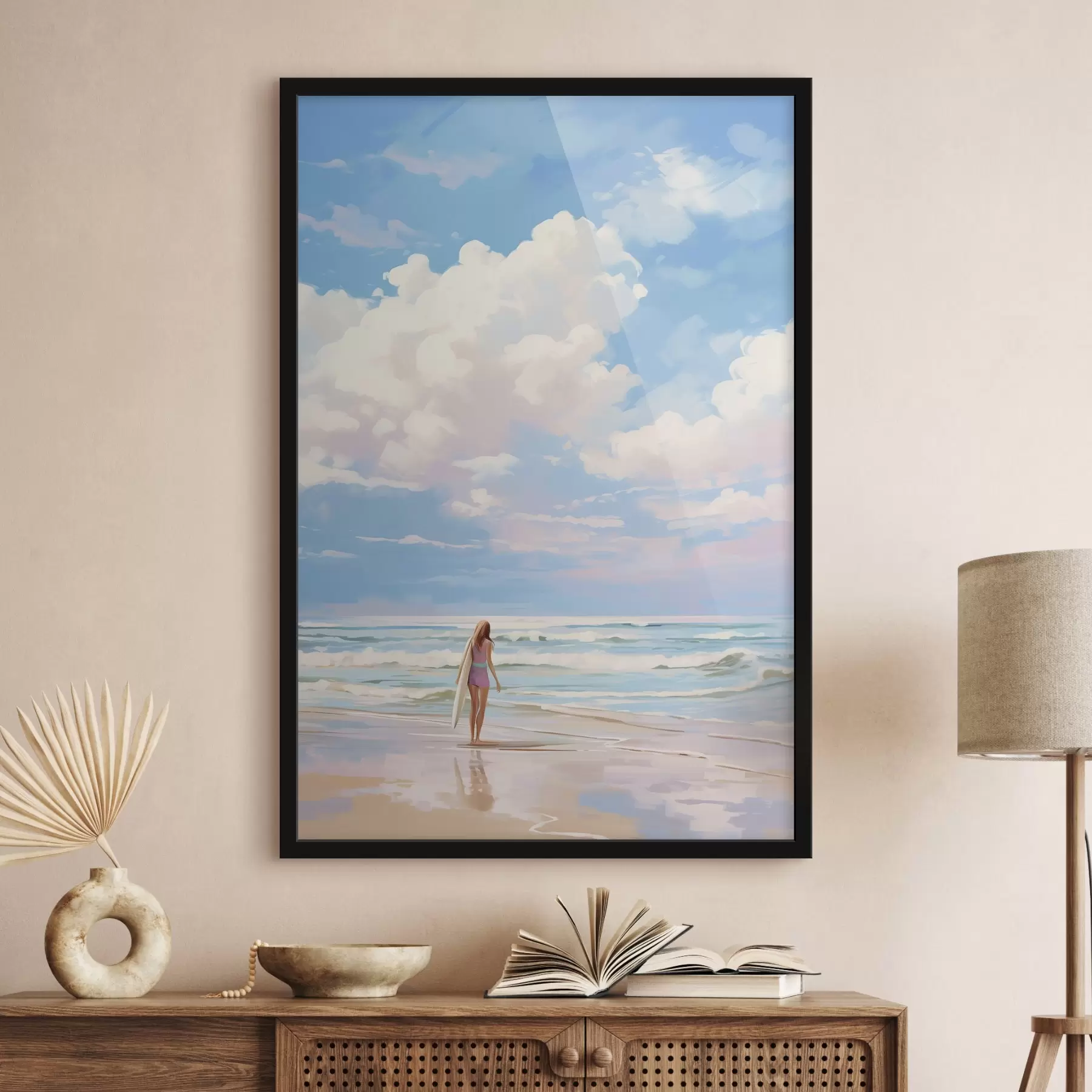 Fototapete Mädchen surfen im Meer, Sommer, Wellen, Acryl-Stil f43882