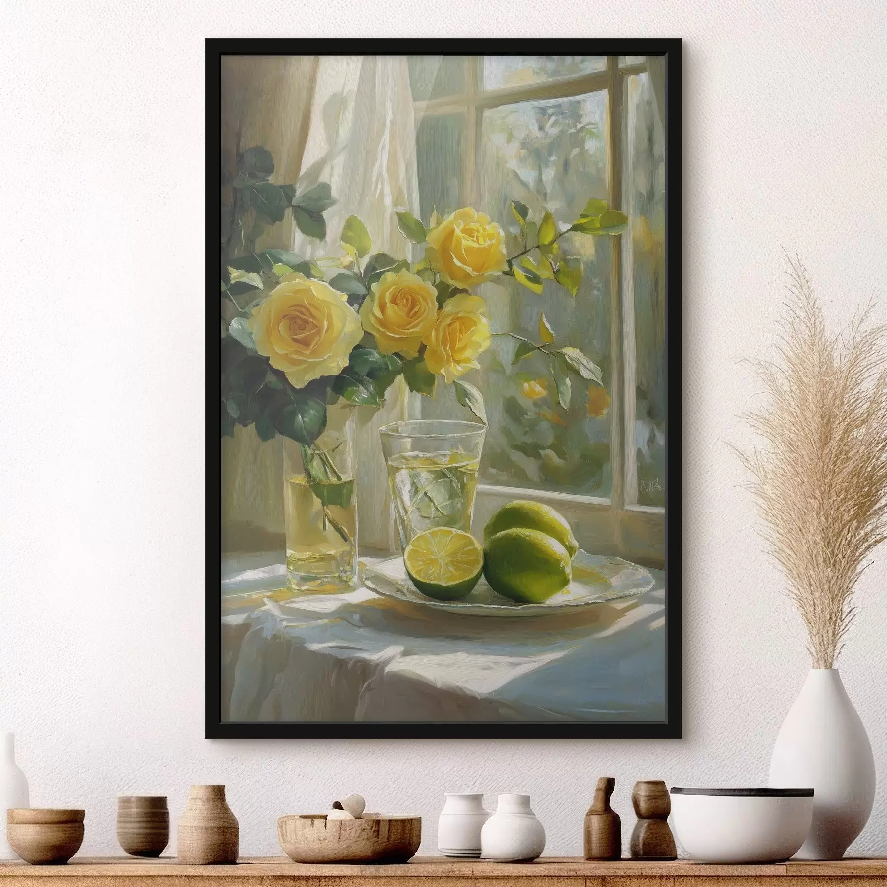 Fototapete Schöne gelbe Rosen in der Vase neben dem Fenster, Wasser mit Limetten f43886