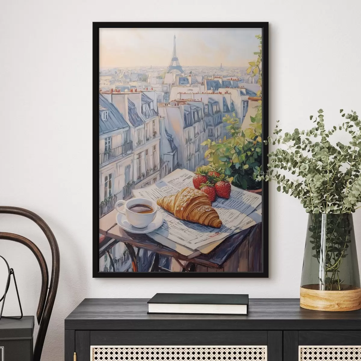 Poster Sonnenaufgang auf dem Balkon in Paris, Eiffelturm, Erdbeeren, Kaffee, Tagebuch f43890