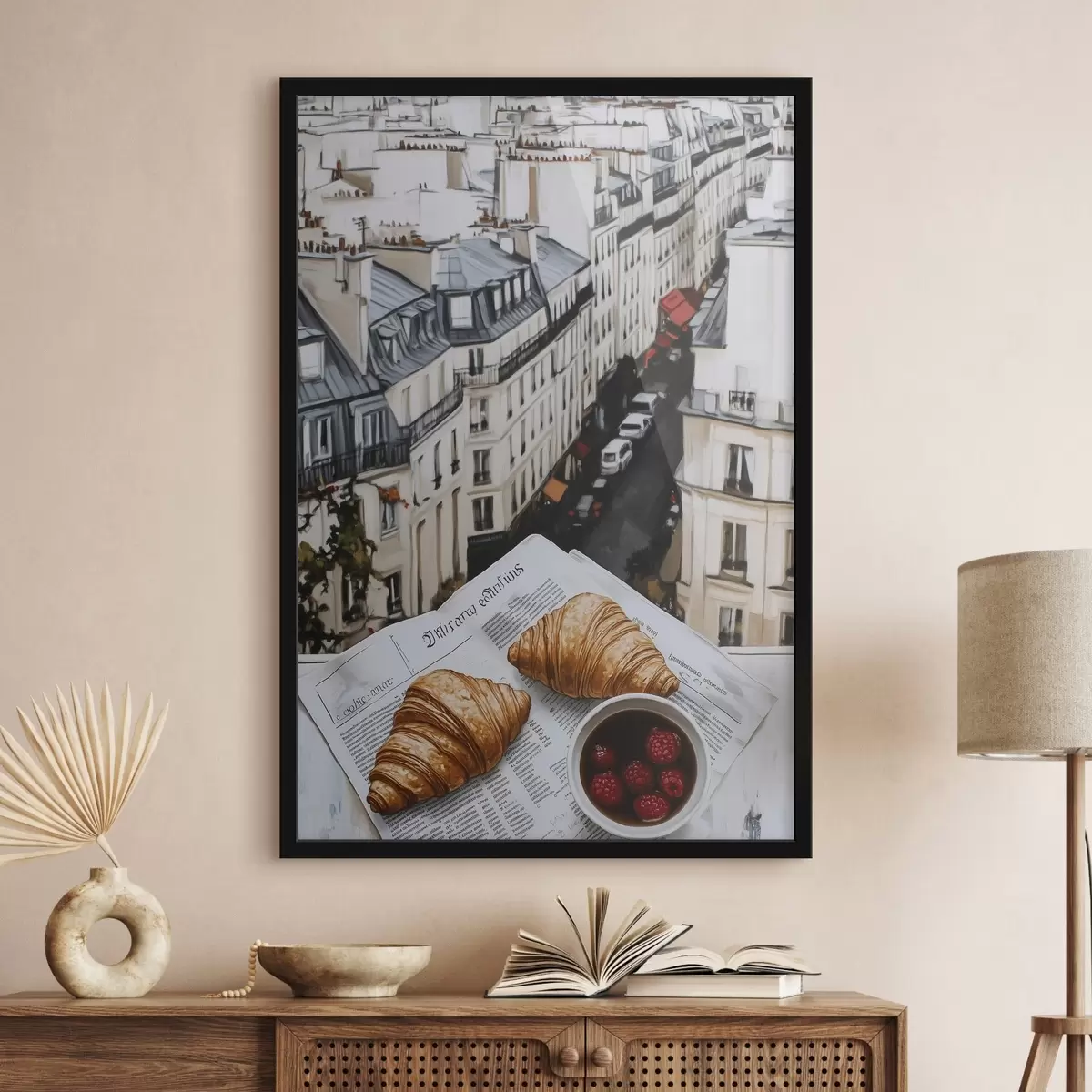 Poster Morgenkaffee mit Croissants, Stadtstraße, architektonisch, Öl-Stil f43891