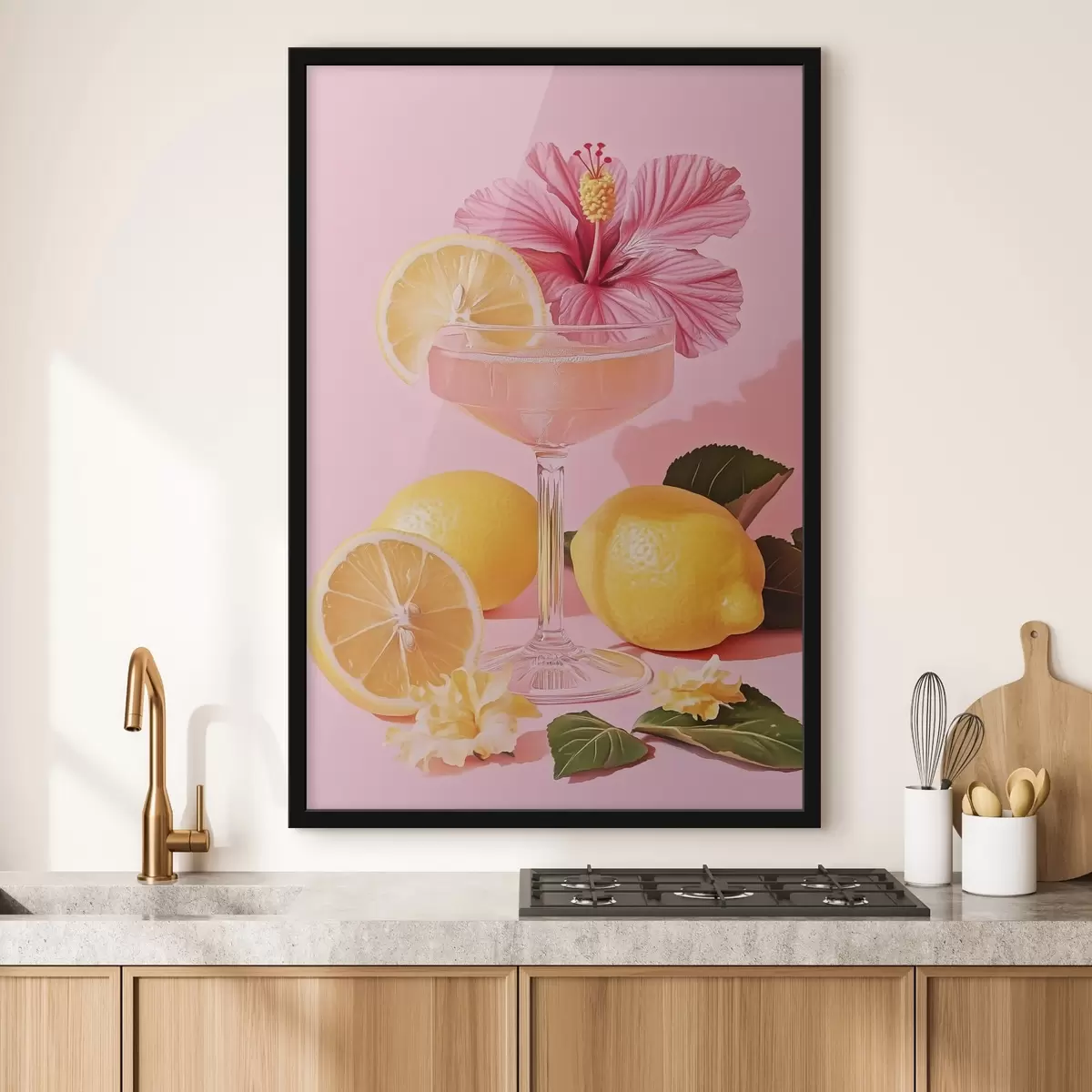 Poster Rosa Cocktail mit Hibiskusblüte, Zitronen, Realismus f43893