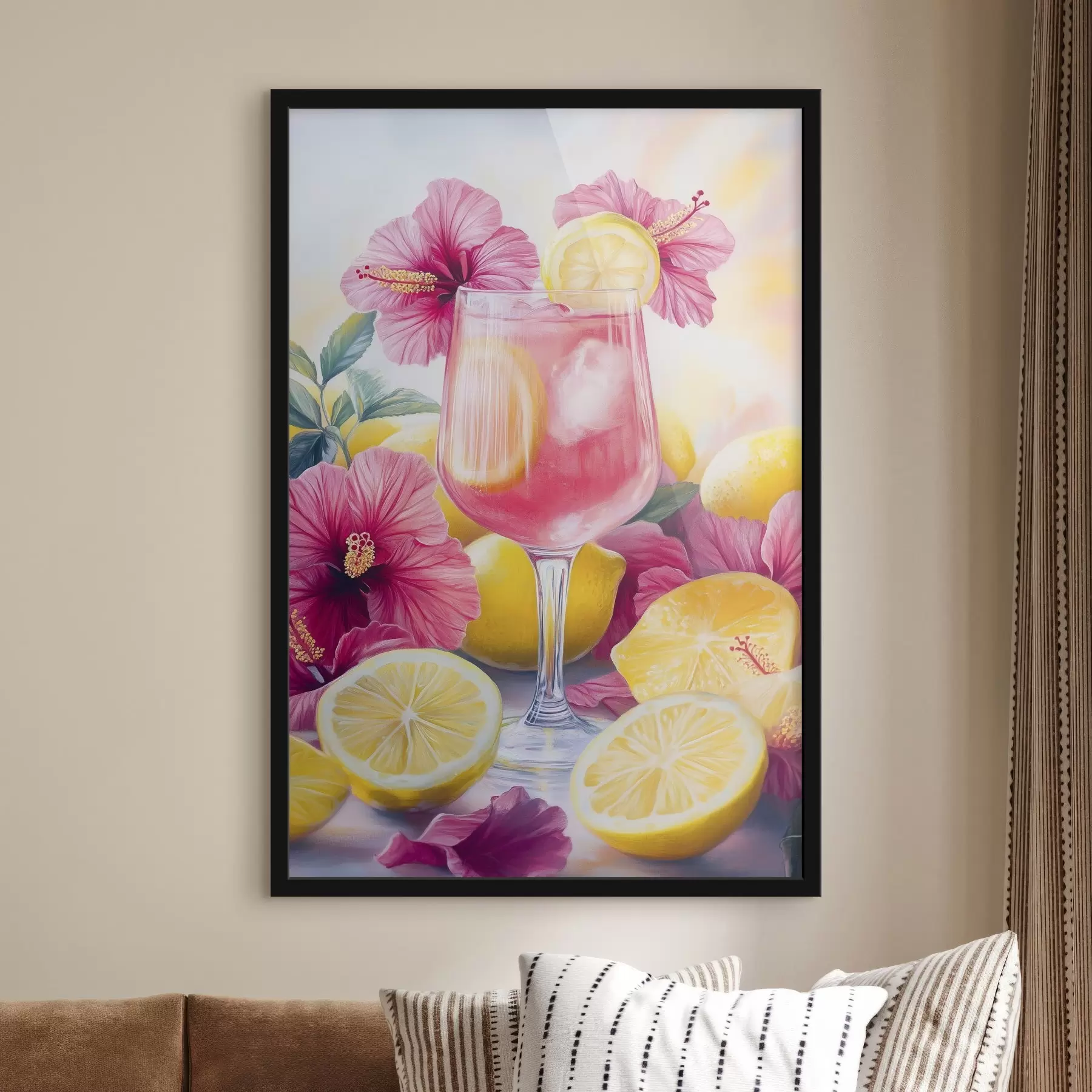 Fototapete Bunter Cocktail mit Hibiskusblüten und Zitronen, Sommer, Aquarellstil f43894