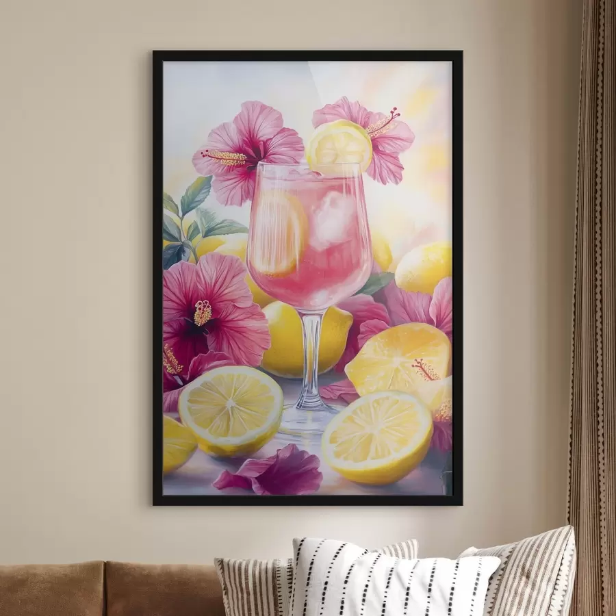 Fototapete Bunter Cocktail mit Hibiskusblüten und Zitronen, Sommer, Aquarellstil f43894