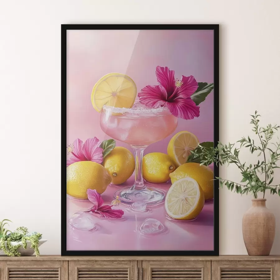 Fototapete Sommercocktail mit Blumen und Zitronen, rosa Farben, Aquarellstil f43895