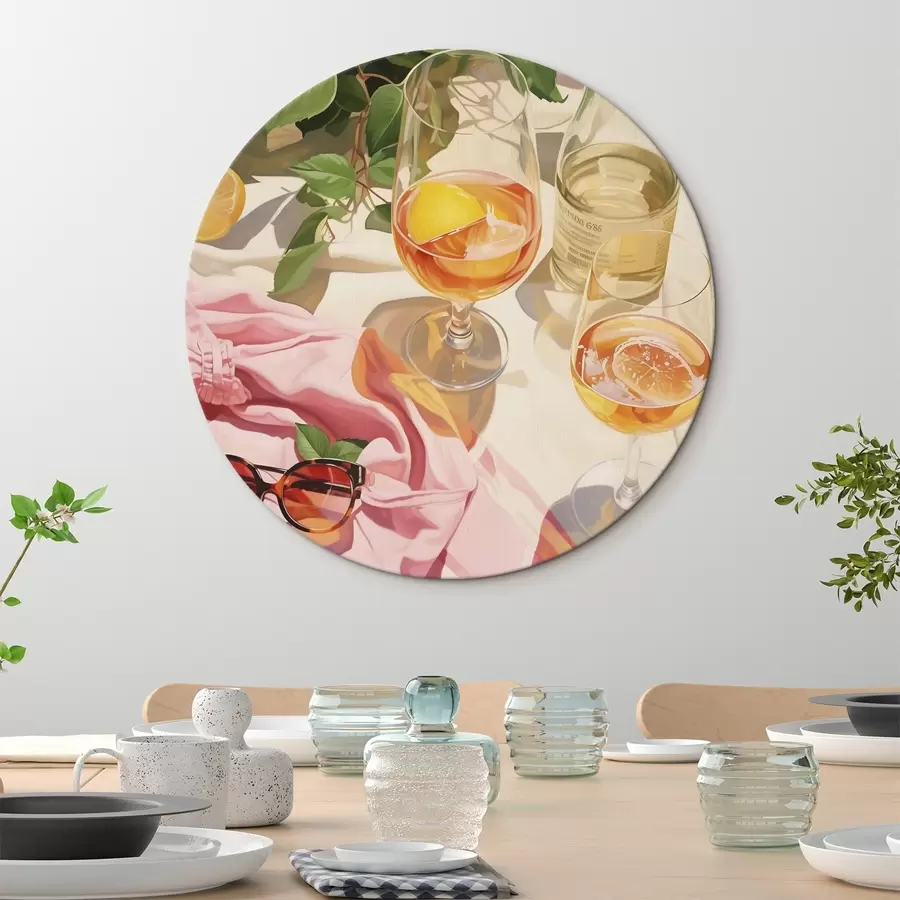 Wandbilder Sommerzeit, Gläser mit Sekt, grüne Pflanzen, warme Farben r43885