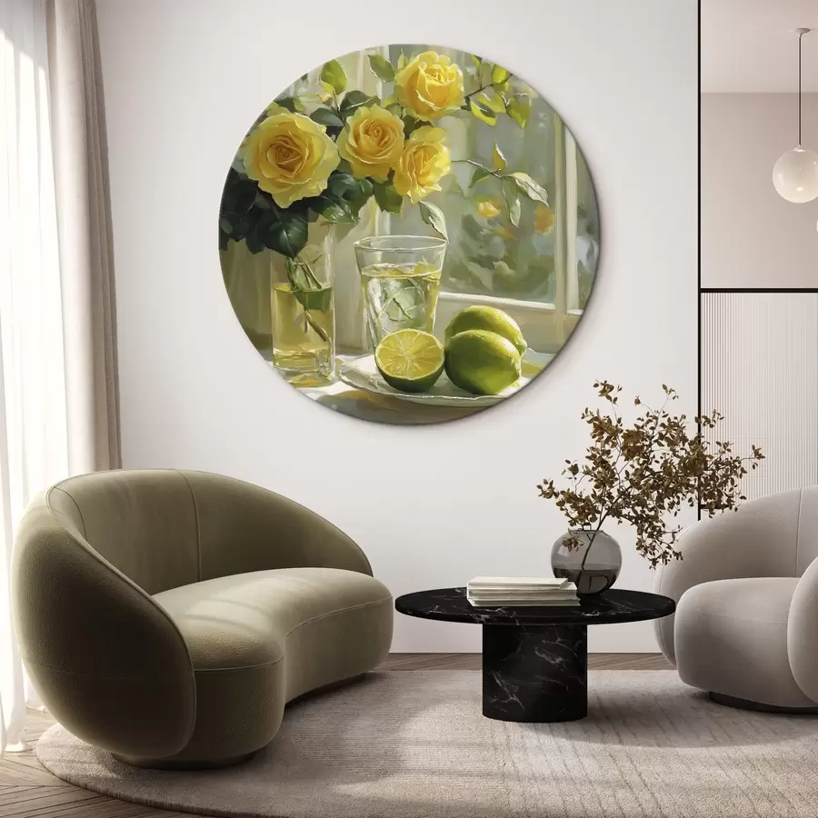 Wandbilder Schöne gelbe Rosen in der Vase neben dem Fenster, Wasser mit Limetten r43886