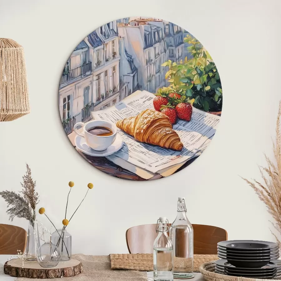 Wandbilder Sonnenaufgang auf dem Balkon in Paris, Eiffelturm, Erdbeeren, Kaffee, Tagebuch r43890