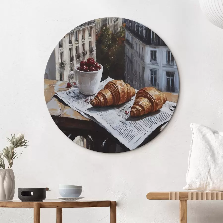 Wandbilder Pariser Morgen, Kaffee mit Croissants, Stadtansicht, Zeichnung in Öl r43892