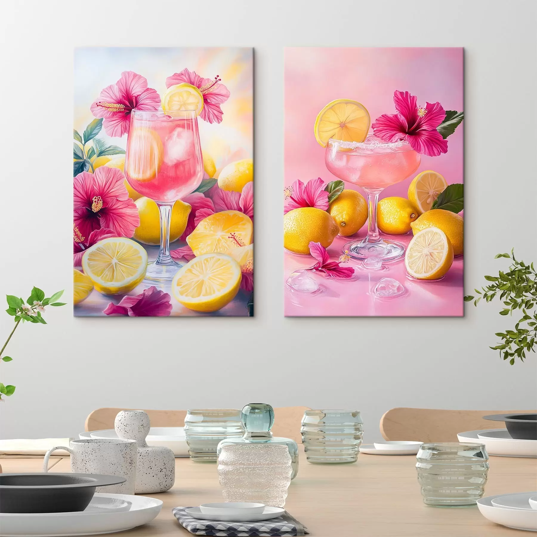 Wandbilder Cocktails mit Hibiskusblüten und Zitronen, Sommer, saftig, Aquarellstil m00446