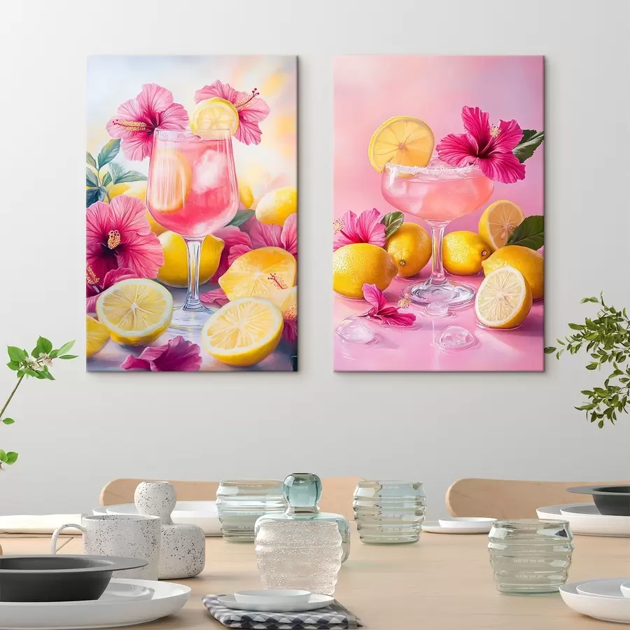 Wandbilder Cocktails mit Hibiskusblüten und Zitronen, Sommer, saftig, Aquarellstil m00446