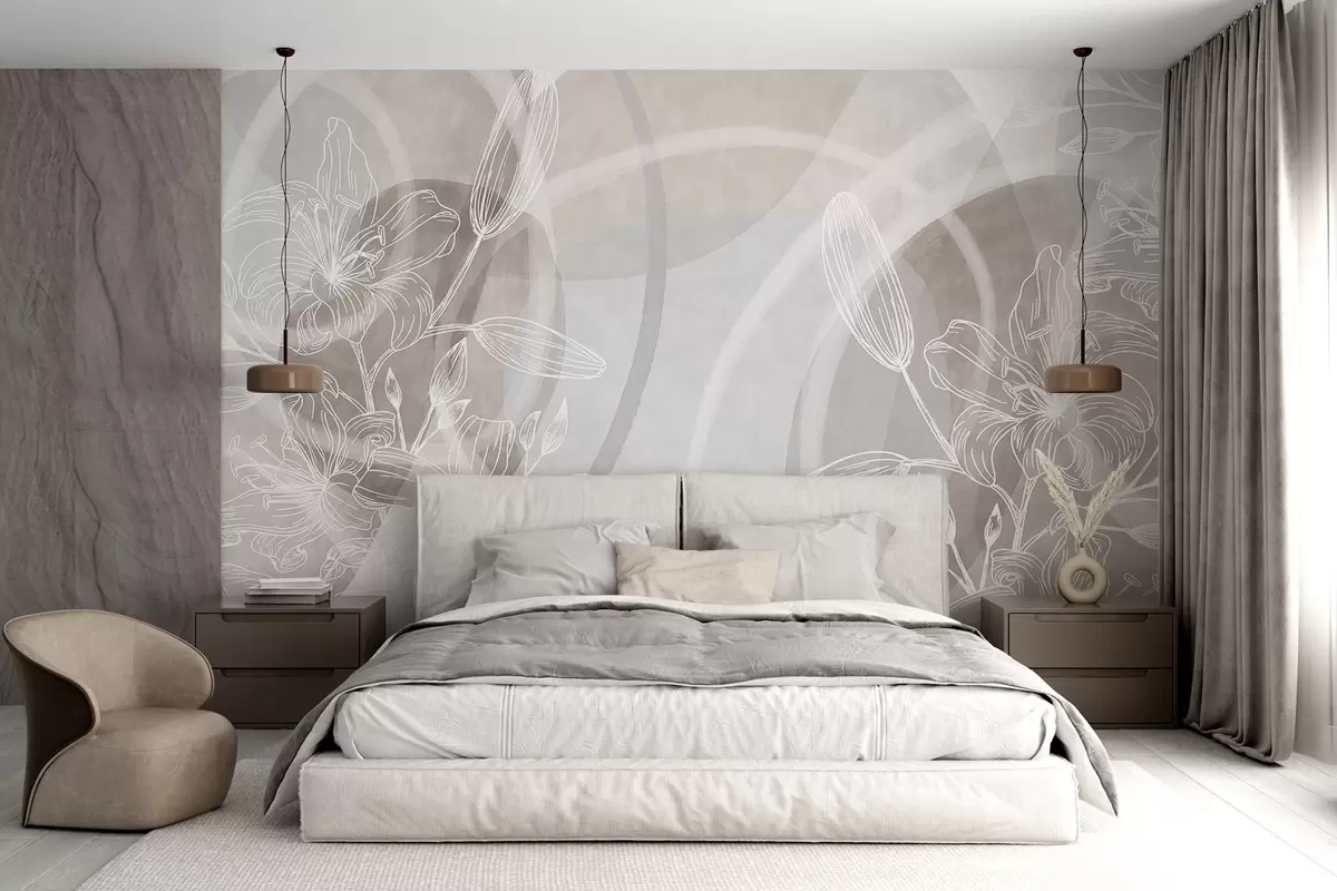 Fototapete Minimalistisches Blumendesign mit weißen Linienblüten und Blättern, sich überlappende abstrakte Kreise in Beige- und Blautönen w08979v1