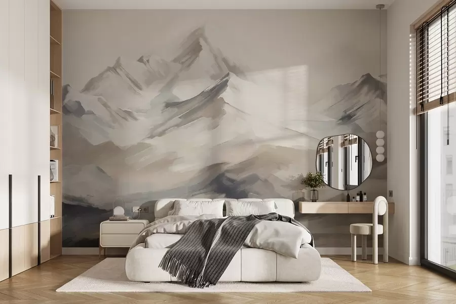 Fototapete Berge Landschaft mit hellem Himmel, Pinselstriche, neutrale beige und graue Farben, Bergkette w08980