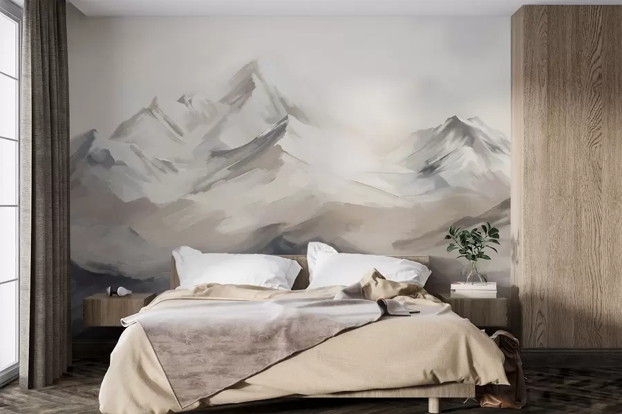 Fototapete Berge Landschaft mit hellem Himmel, Pinselstriche, neutrale beige und graue Farben, Bergkette w08980